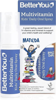 BetterYou Multivitamin Kids Oral Spray bottle & box, chocolate marshmallow flavour, 25ml.
