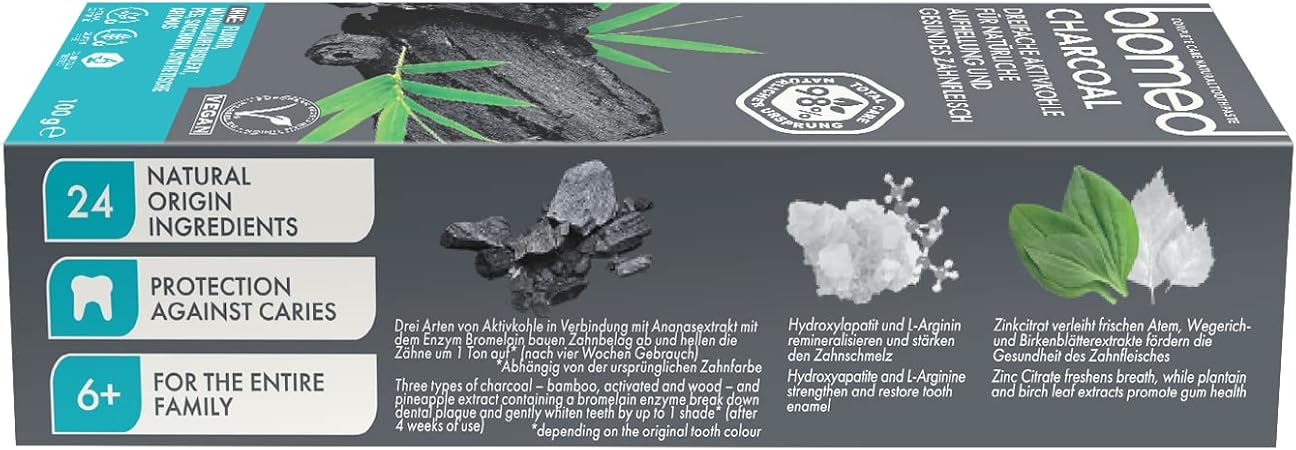 Black and blue box of BIOMED Triple Charcoal Natural Toothpaste, 100g.