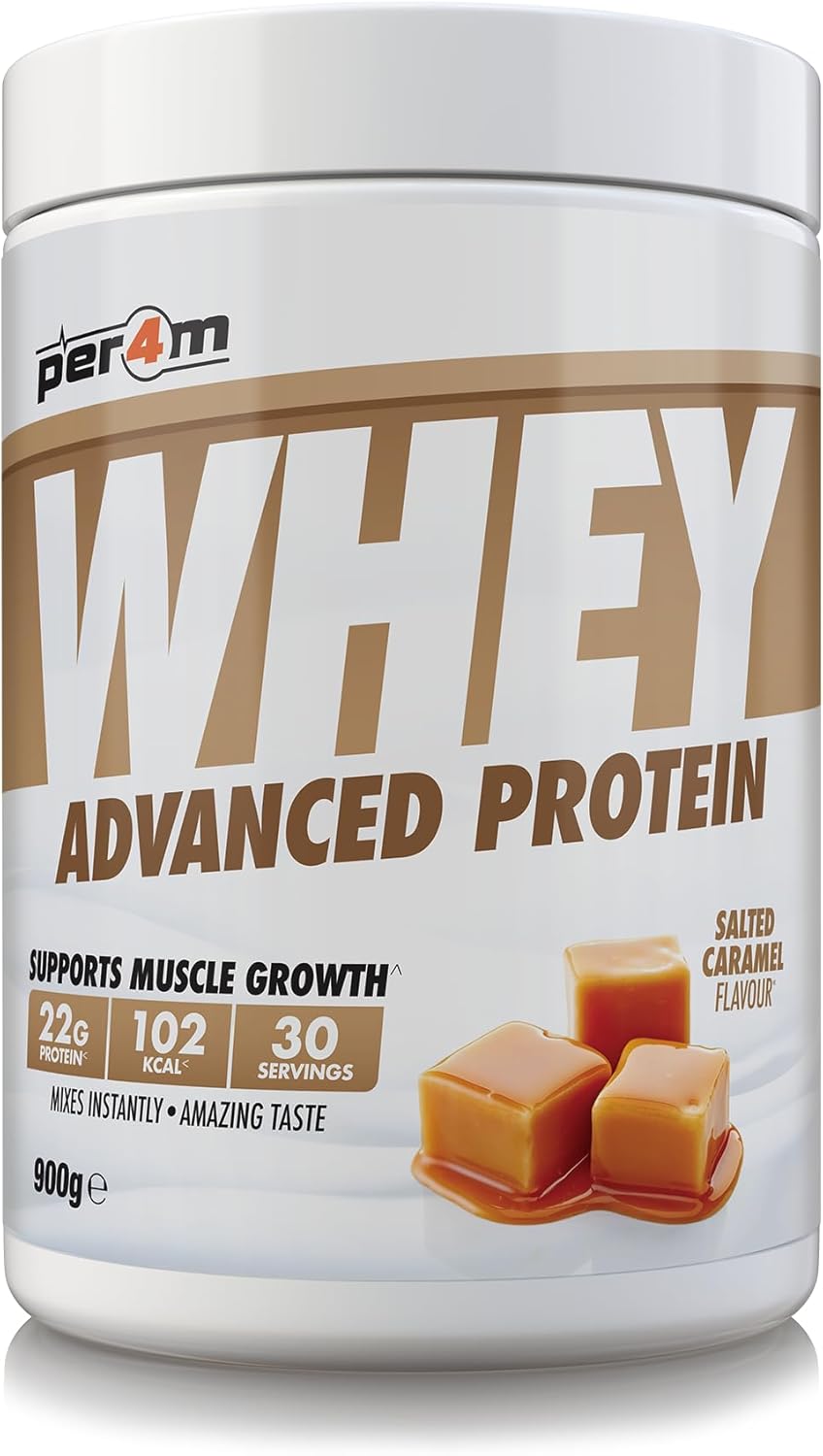 Whey protein powder container with caramel flavor on a white background