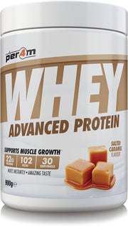 Whey protein powder container with caramel flavor on a white background