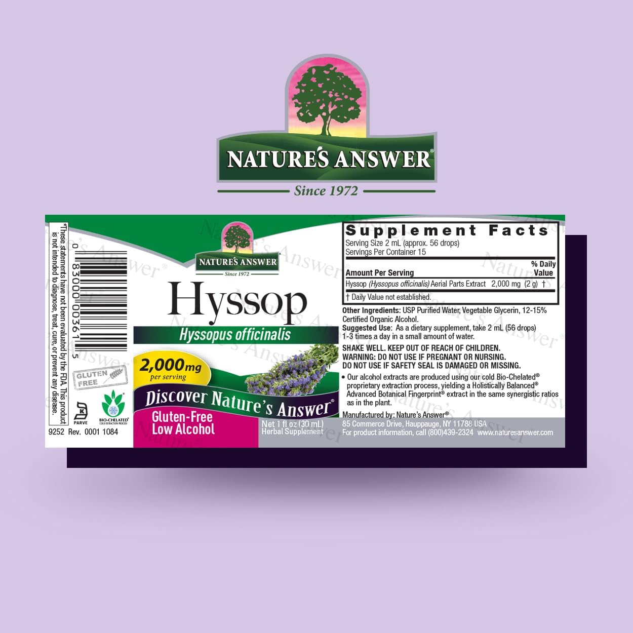 Nature's Answer Hyssop supplement label on a purple background