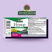 Nature's Answer Hyssop supplement label on a purple background