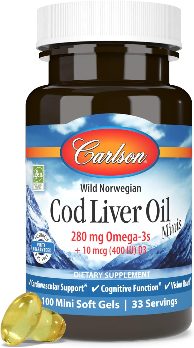 Front image: Carlson Cod Liver Oil Minis softgels omega 3 vitamins A D3 bottle 100 count