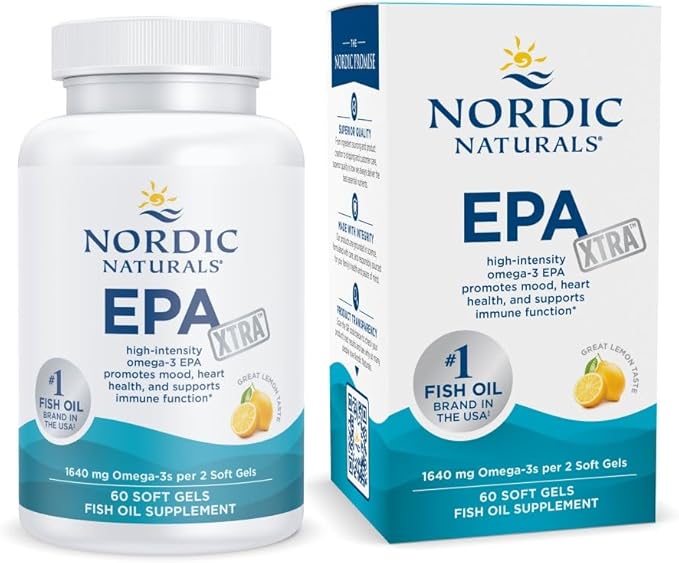 Nordic Naturals EPA Xtra lemon soft gels bottle & box, high EPA omega-3, 60 count