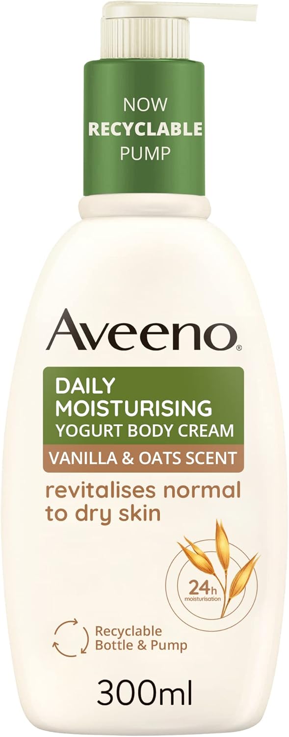 Aveeno Daily Moisturising Yogurt Body Cream 300ml pump bottle, vanilla and oat scent.

