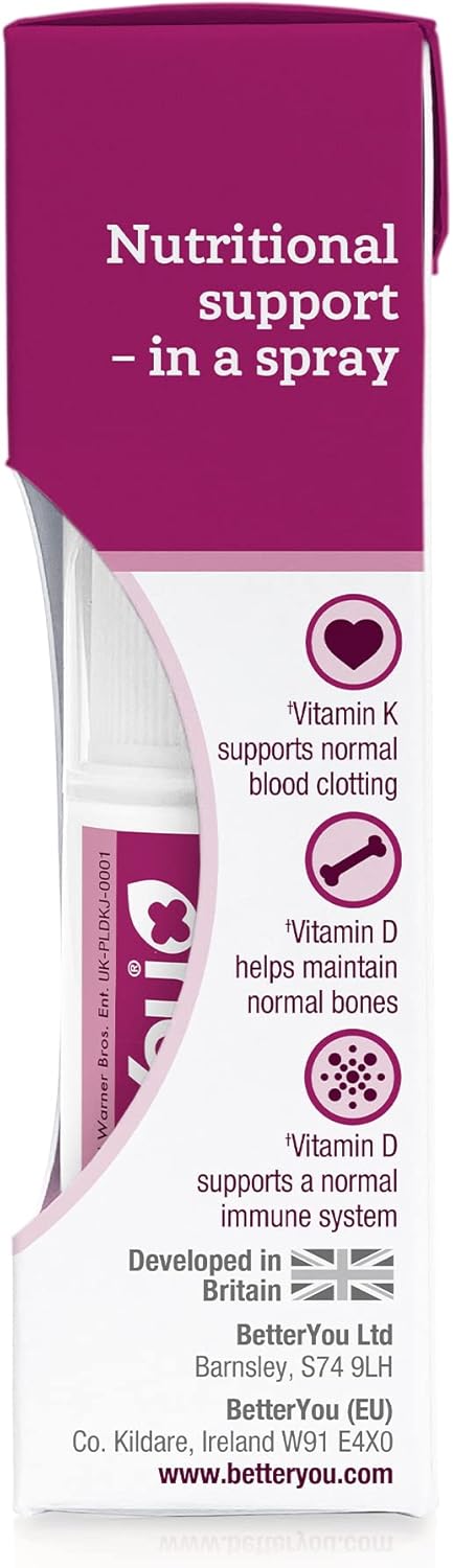 Supplement facts label for BetterYou Kids Vitamin D K2 Spray.