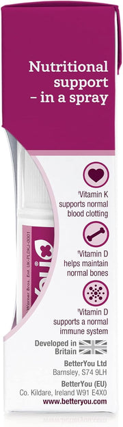 Supplement facts label for BetterYou Kids Vitamin D K2 Spray.