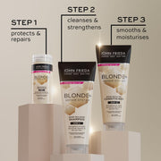 John Frieda Blonde+ Repair System Bond Building Conditioner 250ml steps 1, 2, & 3