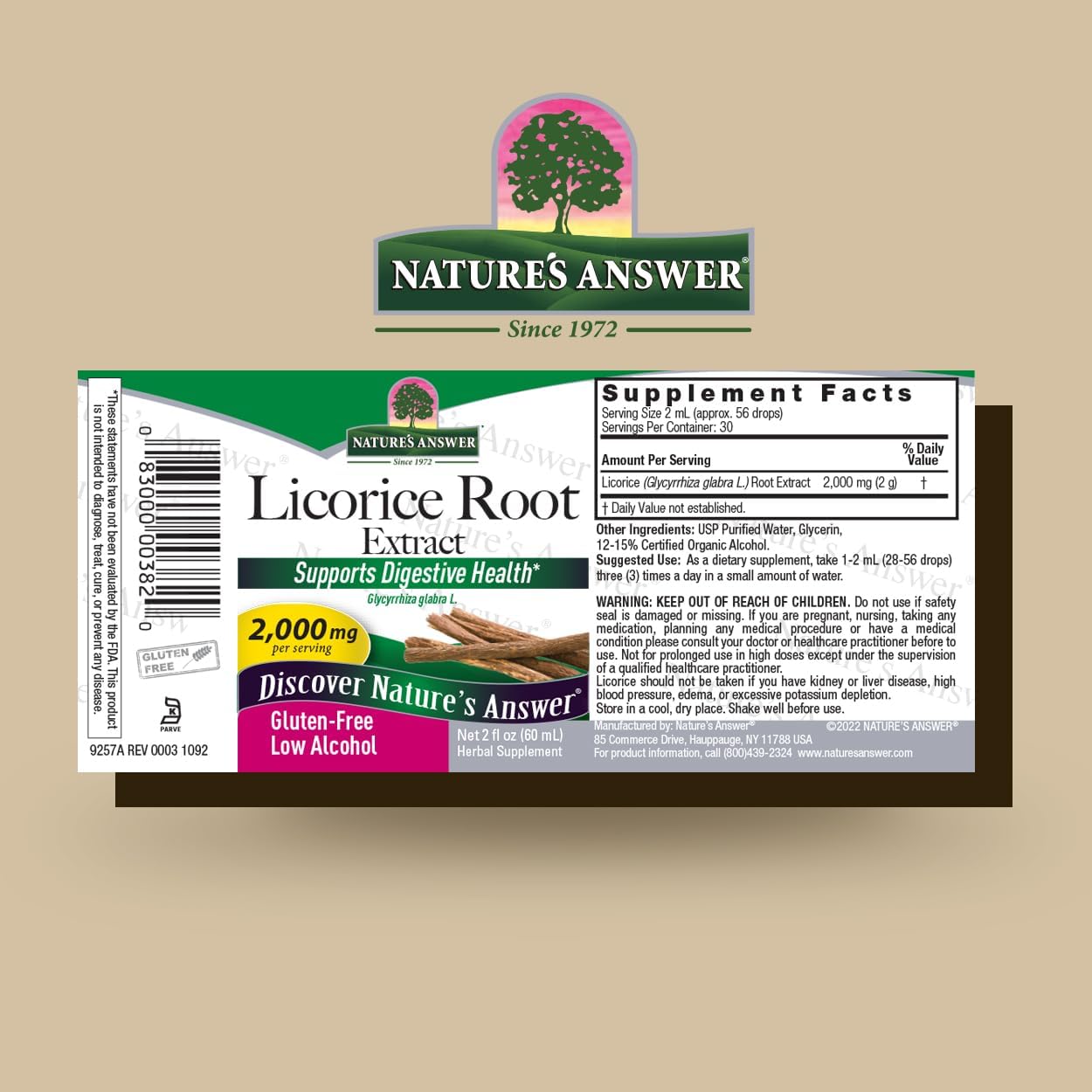 Nature's Answer Licorice Root Extract supplement label on a beige background