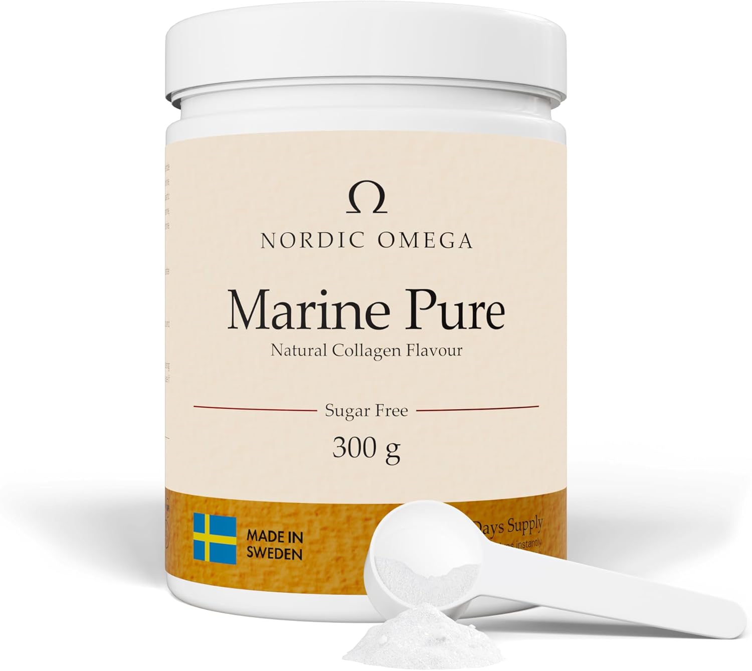 Nordic Omega Marine Pure Collagen powder tub unflavoured sugar free 300g with dosage powder