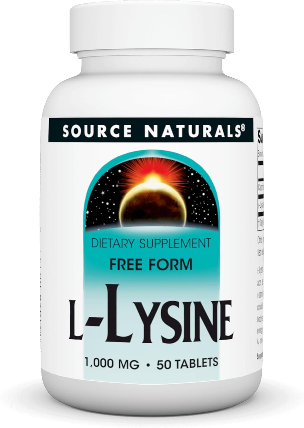 Front image: Source Naturals L-Lysine 1000mg free form tablets bottle 50 count