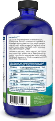 Supplement facts label and dosing guide for Nordic Naturals liquid pet supplement.