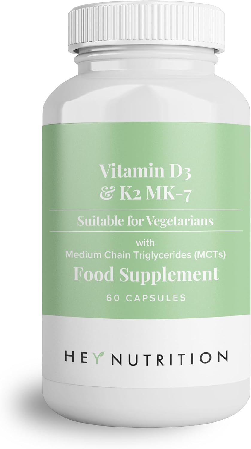 Hey Nutrition Vitamin D3 & K2 MK-7 bottle, 60 vegetarian capsules.