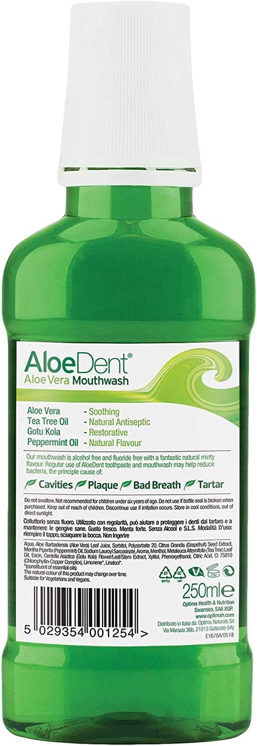 Supplement Facts Image: Aloe Dent aloe vera mouthwash barcode, ingredients natural formula 250ml packaging