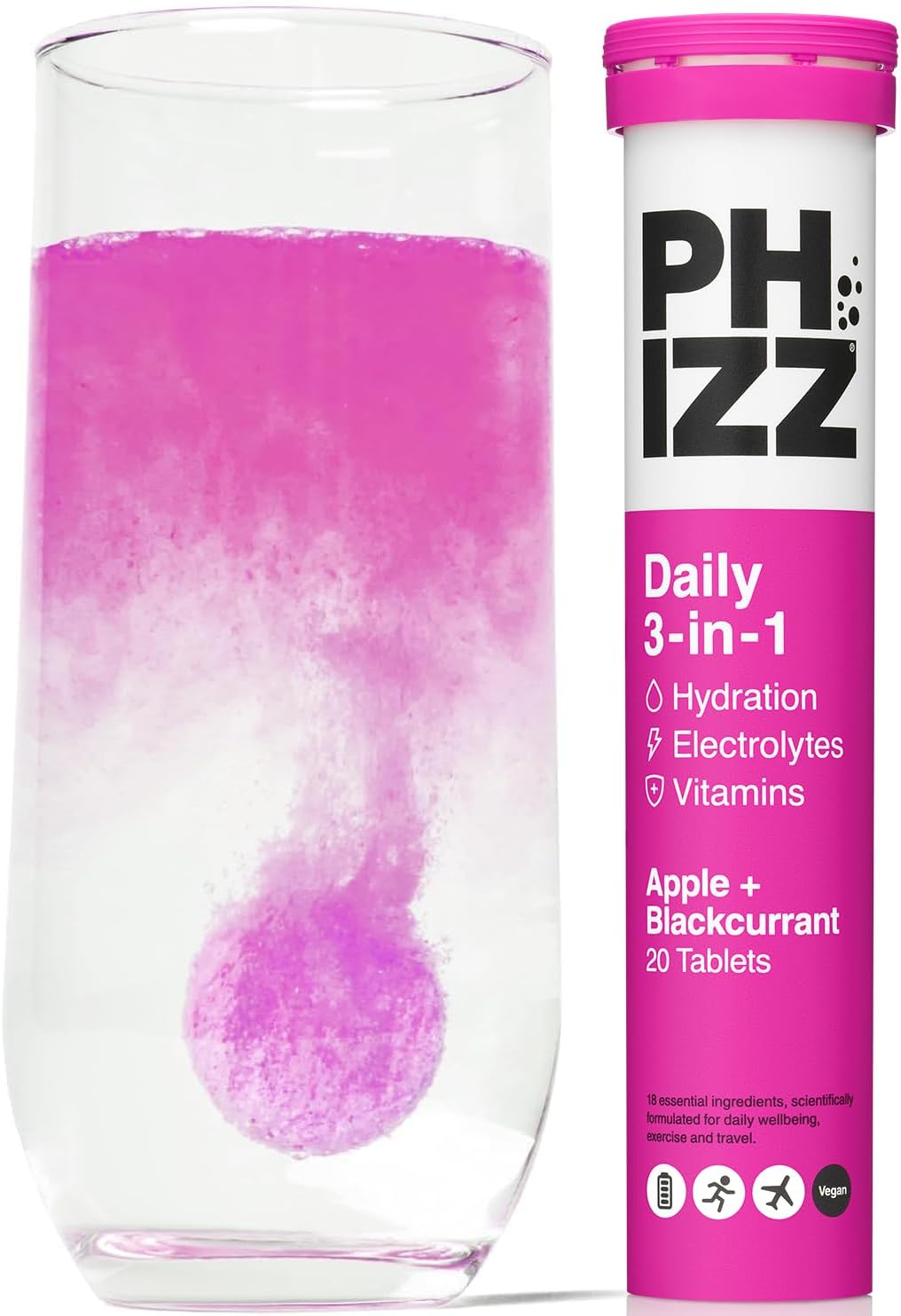 Phizz daily 3 in 1 electrolyte multivitamin apple blackcurrant effervescent tablets tube 20 tablets