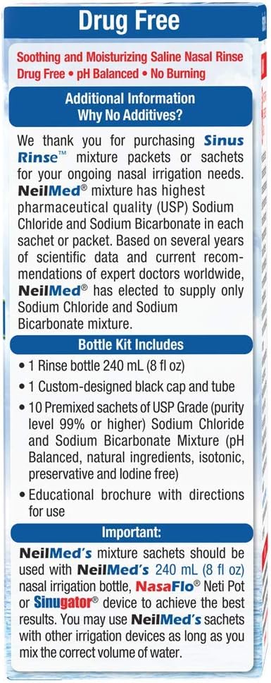 Instructions and ingredients for Neilmed saline nasal rinse packets.