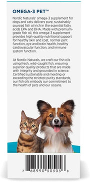 Supplement facts label and dosing guide for Nordic Naturals liquid pet supplement.