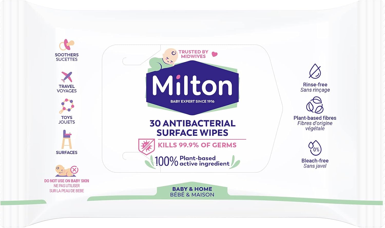 Pack of Milton Antibacterial Surface Wipes, unscented, 30 count.