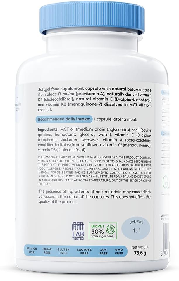 Supplement facts panel for Osavi Vitamin A, D, E, K complex.