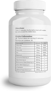 Ingredients list for Night Time Relaxation herbal complex.