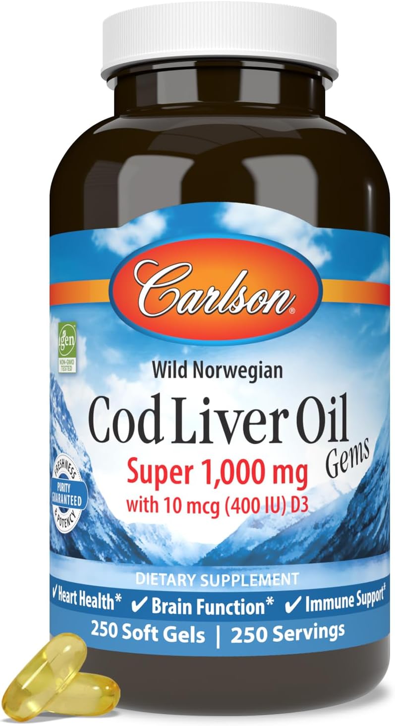 Front image: Carlson Cod Liver Oil Gems 1000 mg softgels vitamin D3 250 bottle