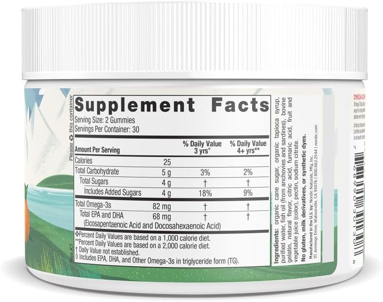 Supplement facts for Nordic Naturals Omega-3 Fish Oil 60 Gummies, tangerine flavour.