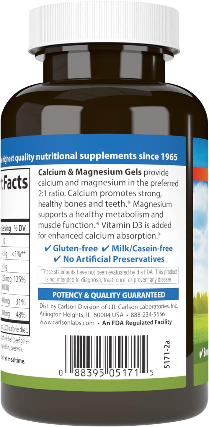 Barcode image: Carlson Calcium Magnesium softgels bottle barcode vitamin D3 100 bottle