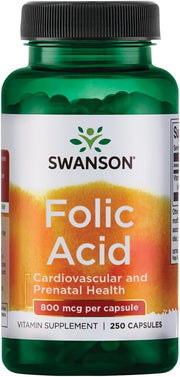 Swanson Folic Acid 800 mcg 250 Capsules | Cardiovascular & Prenatal Health