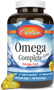 Front image: Carlson Omega Complete Gems omega 3 6 9 softgels vitamin D3 90 bottle