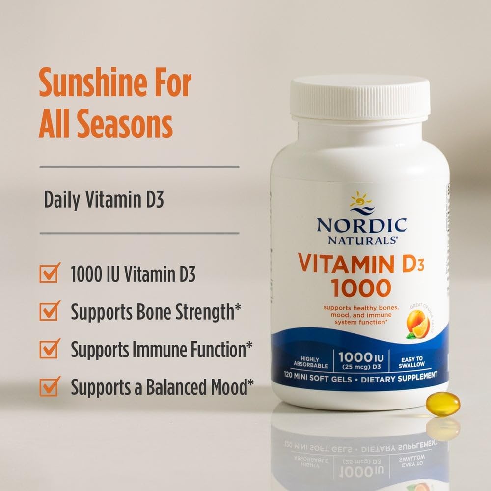 Nordic Naturals Vitamin D3 1000 IU Orange Flavour bottle with 90 mini softgels.
