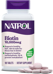 Natrol Biotin 10,000mcg (Vitamin B7) supplement jar, 100 vegetarian tablets.