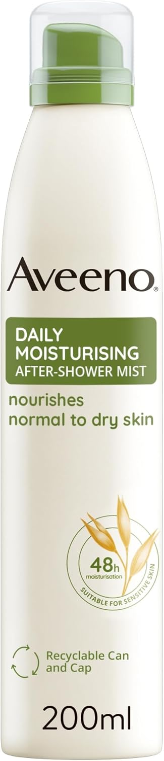 Aveeno Daily Moisturising After-Shower Mist spray can, 200ml, for sensitive skin.
