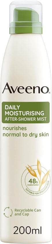 Aveeno Daily Moisturising After-Shower Mist spray can, 200ml, for sensitive skin.