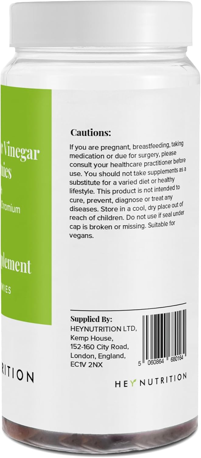 Hey Nutrition Apple Cider Vinegar Gummies - 60 Count Cautions & barcode 