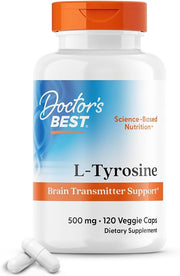 Front: Doctor's Best L-Tyrosine 500 mg bottle, 120 vegan capsules, on white background.