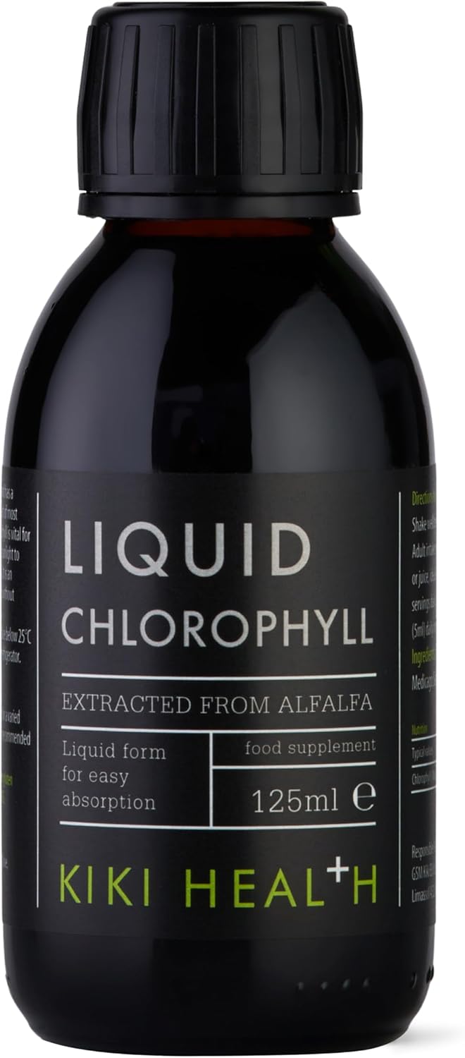 Front image: KIKI Health liquid chlorophyll from alfalfa vegan liquid bottle 125ml