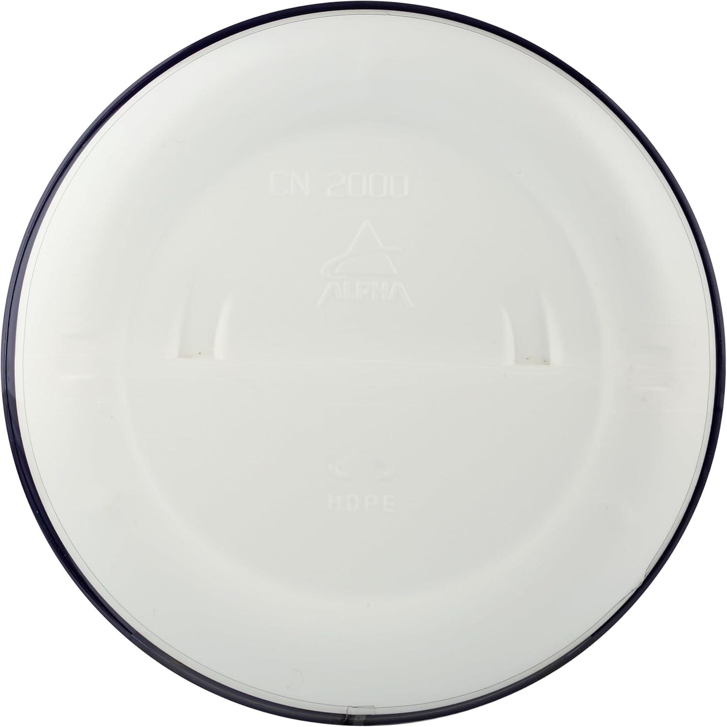 Round white plate with a dark rim on a white background