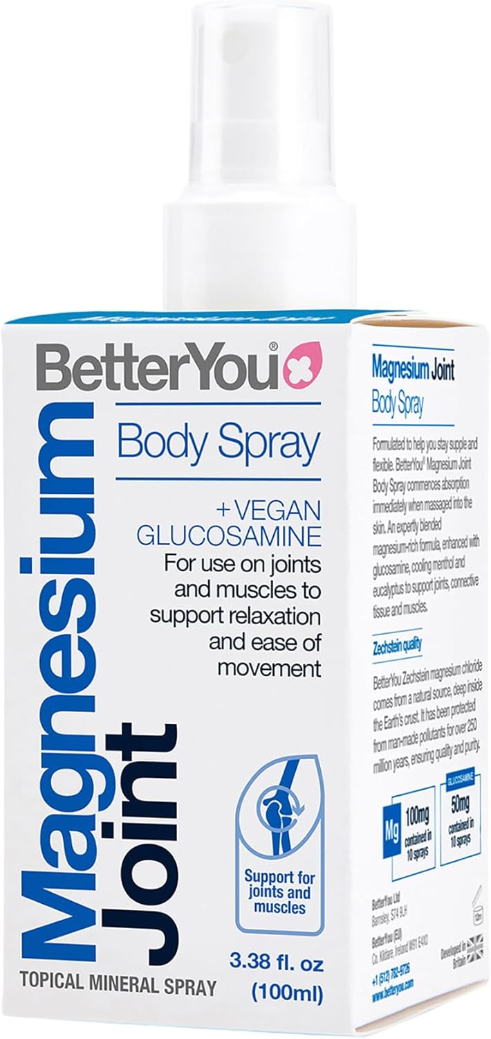 BetterYou Magnesium and Glucosamine Body Spray bottle, 100ml, on white background.