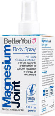 BetterYou Magnesium and Glucosamine Body Spray bottle, 100ml, on white background.
