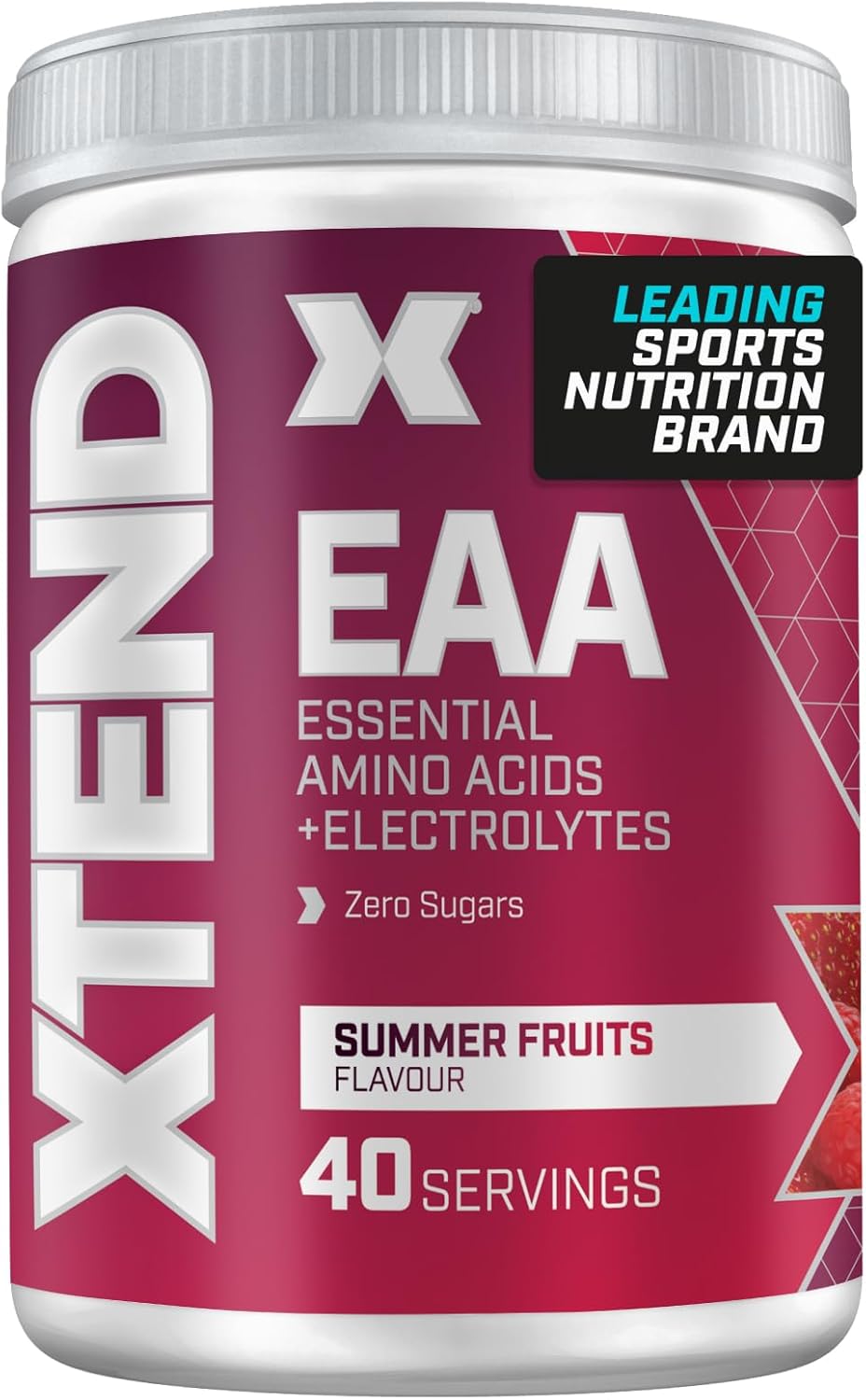 Front image: XTEND EAA Amino Acids Powder Summer Fruits tub powder 296g 40 servings