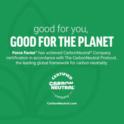 Green background with text about Force Factor achieving CarbonNeutral Company certification.
