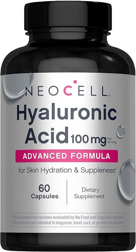 NeoCell Hyaluronic Acid 60 Capsules bottle, 100mg supplement, on white background.