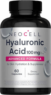 NeoCell Hyaluronic Acid 60 Capsules bottle, 100mg supplement, on white background.