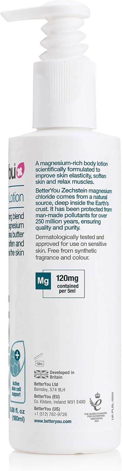 Back label bottle of BetterYou Magnesium Lotion showing ingredients and directions.