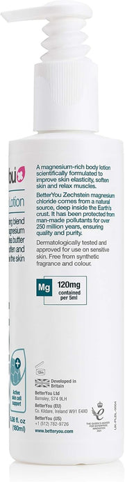 Back label bottle of BetterYou Magnesium Lotion showing ingredients and directions.