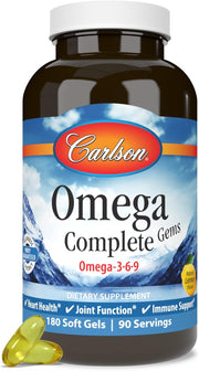 Front image: Carlson Omega Complete Gems omega 3 6 9 softgels vitamin D3 180 bottle