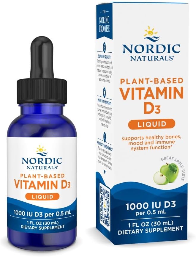 Nordic Naturals Plant-Based Liquid Vitamin D3 bottle & box, 30ml, 1000 IU.