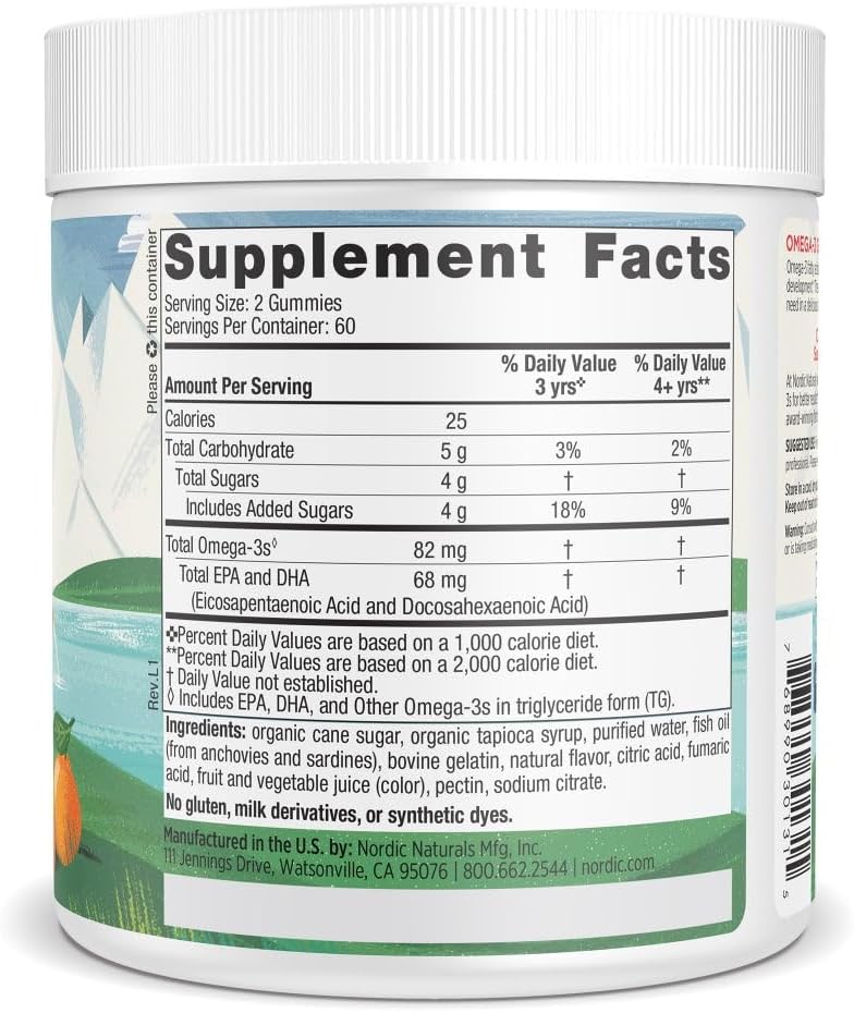 Supplement facts for Nordic Naturals Omega-3 Fish Oil 120 Gummies, tangerine flavour.