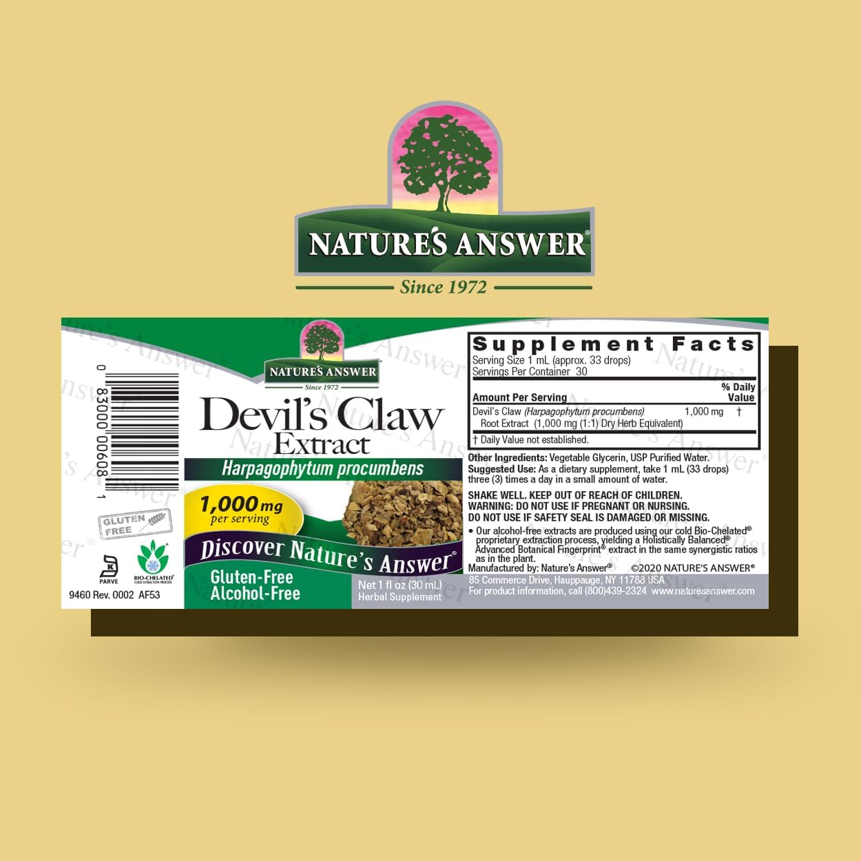 Nature’s Answer Devil’s Claw Root alcohol free liquid extract 30ml barcode label on a beige background