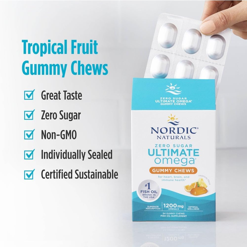 Nordic Naturals Zero Sugar Ultimate Omega Tropical Fruit - 54 Gummies box & foil pack.